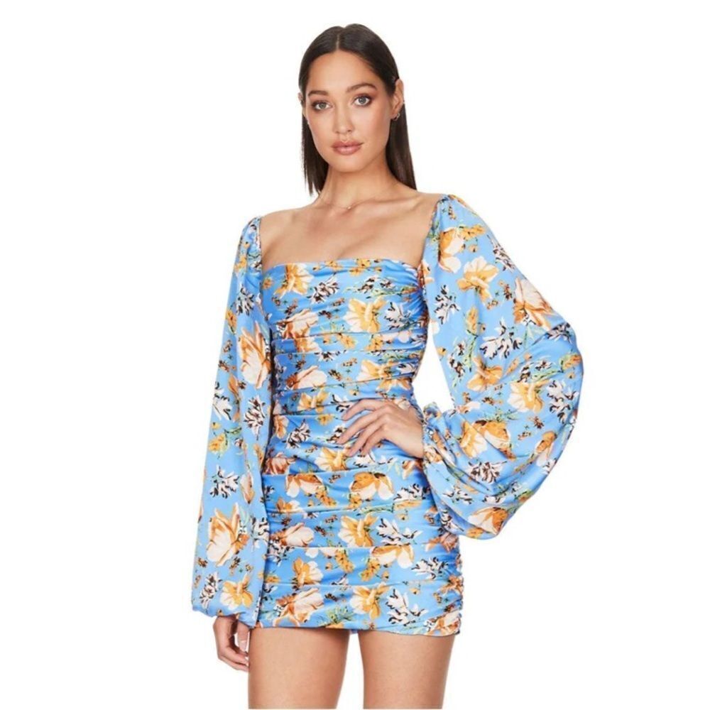 NWT NOOKIE SIMONE LONG SLEEVE MINI DRESS -LIGHT BLUE floral satin ruched S